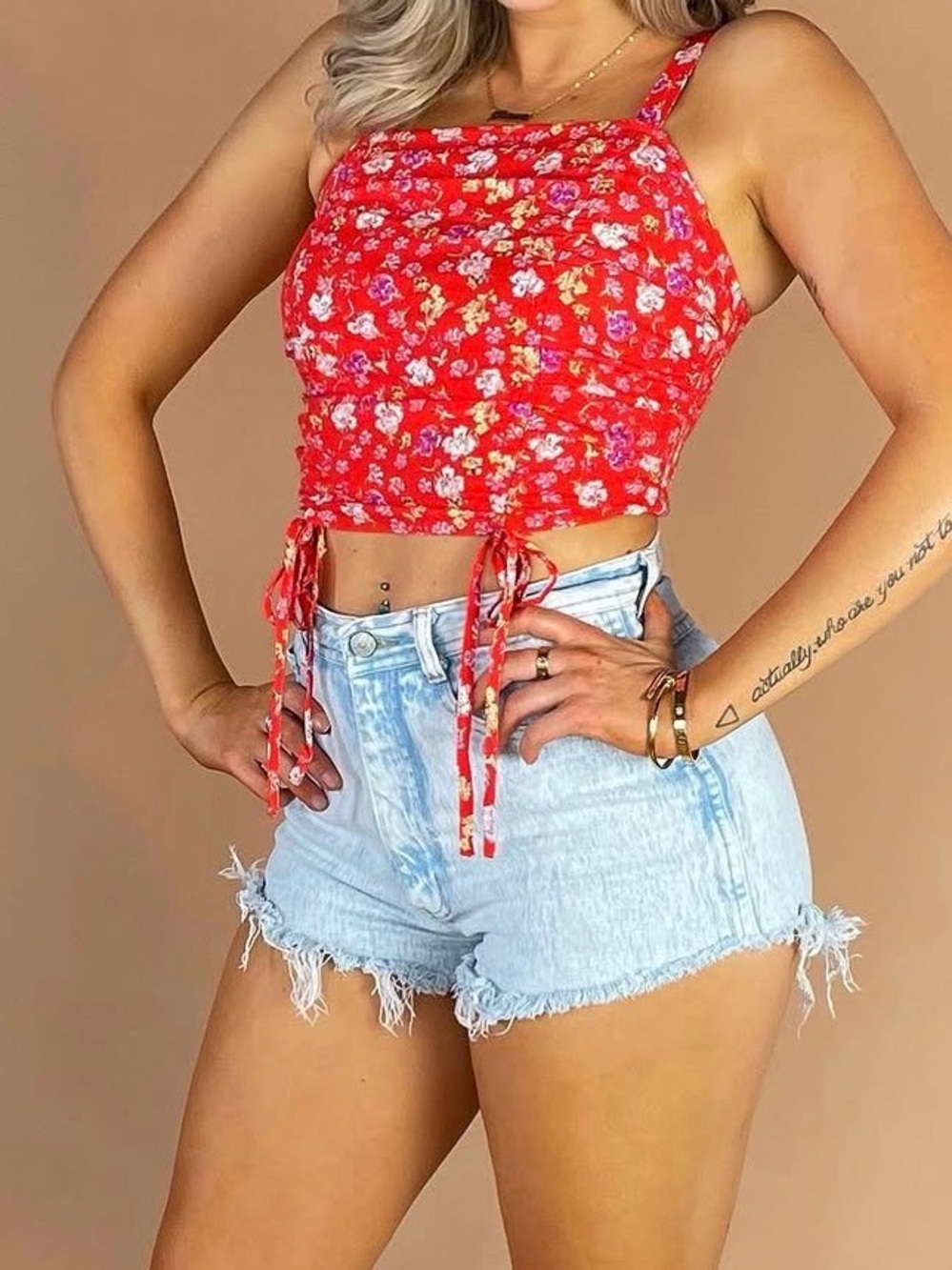 NWT! Coral Floral Drawstring Crop Top - Women Tops